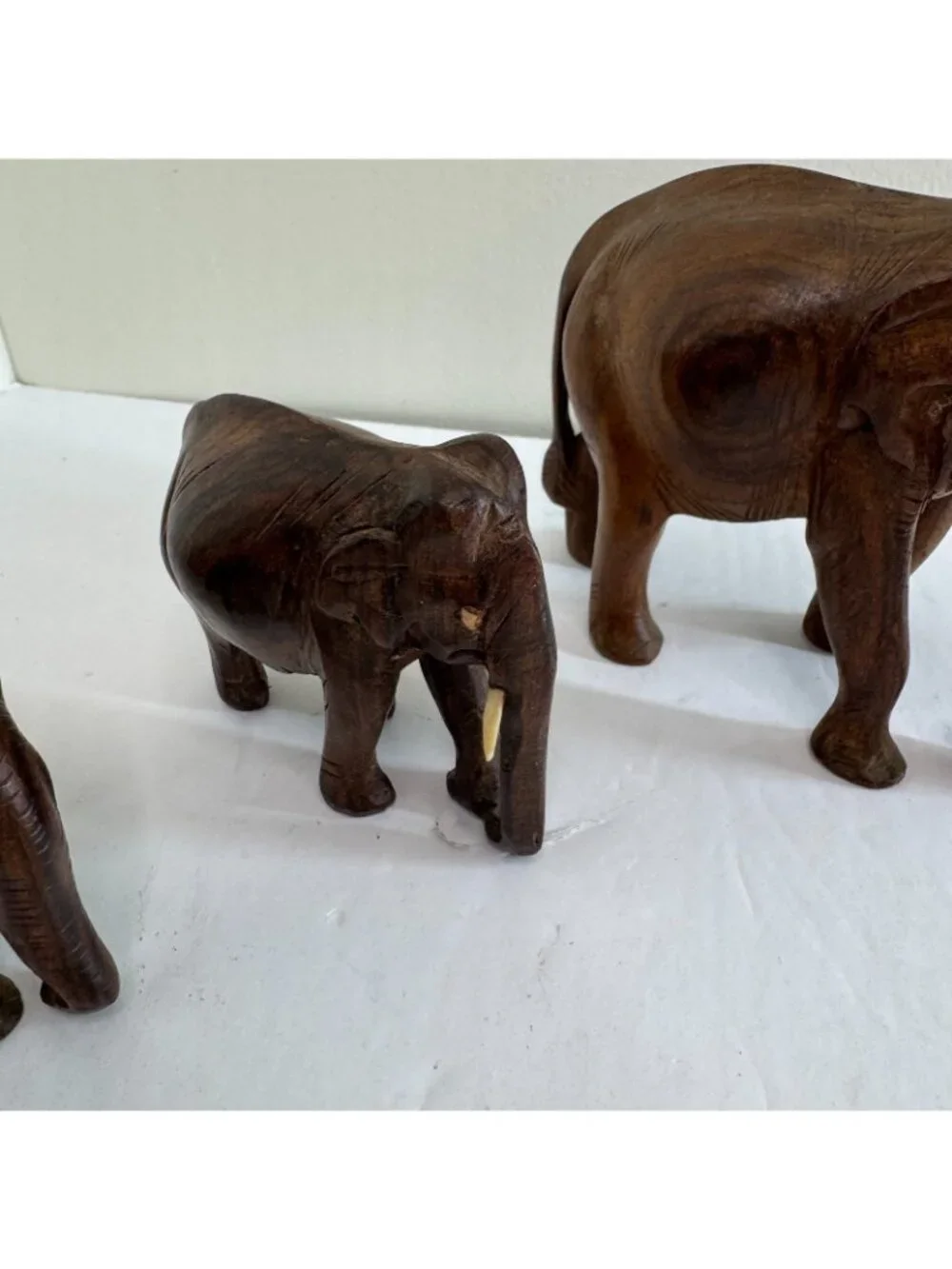 Hand Carved Wooden Elephant Figurines Lot Vtg Carved Wood Animal Decor Set of 3